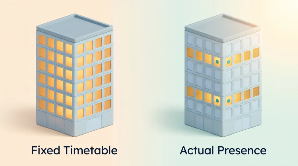 Occupancy Based Office Energy Use Office towers compare a fixed timetable lighting every floor with actual presence, where sensors light only the occupied floors to save energy.