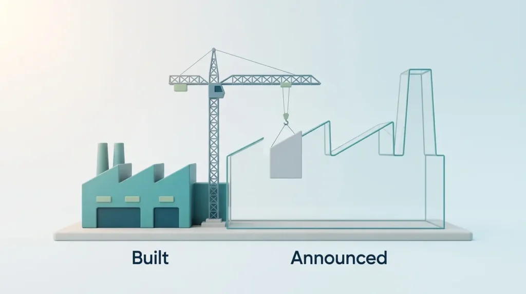 Announced Versus Built Factory Capacity Domestic manufacturing construction site where a small finished factory section sits beside a much larger announced plant outline.