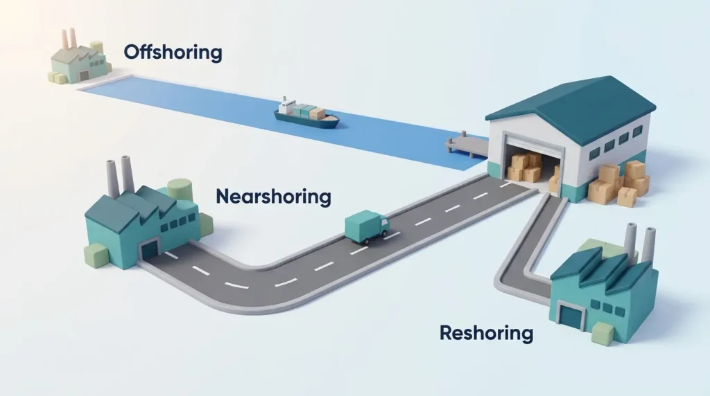 Offshoring vs Reshoring Supply Routes Reshoring manufacturing compared with nearshoring and offshoring as three routes of shrinking length into one U.S. warehouse.