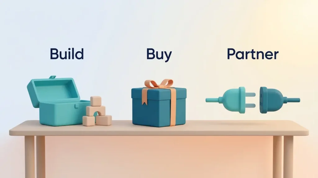 Build Buy or Partner Retail Media Platform Toolbox, packaged box and plug with socket compare building, buying or partnering as the first retail media strategy decision.