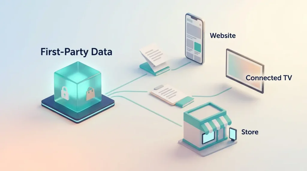 Retail Media Networks Channel Routing Retail media networks route first-party data from a secure data cube to website, connected TV and store ad placements.