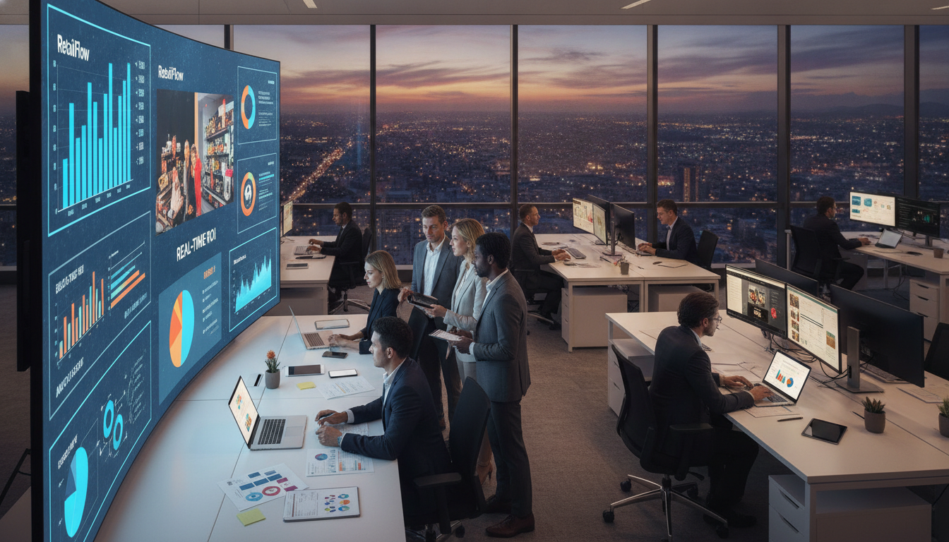 Team in a high-rise office reviewing a retail analytics dashboard with bar, line and pie charts at dusk.