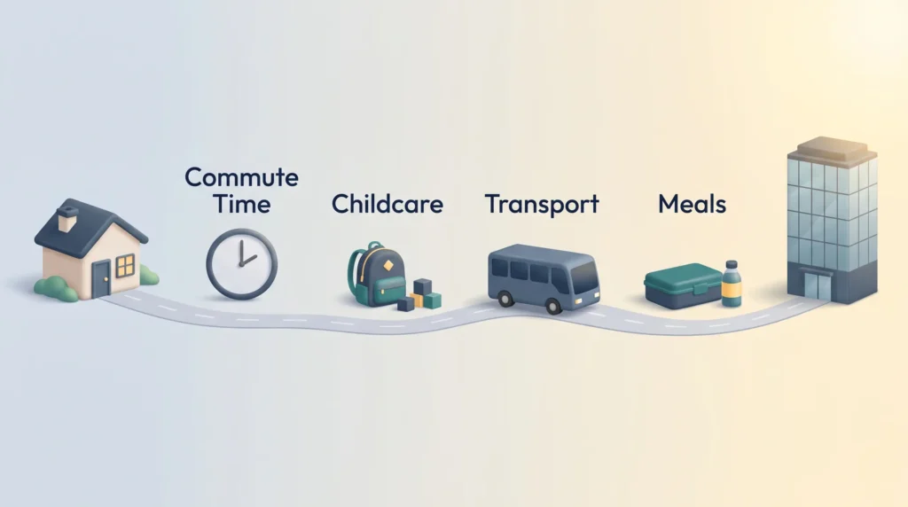 Commute Costs Behind Office Resistance Road from home to office passing commute time, childcare, transport and meals, the daily costs behind resistance to return-to-office mandates