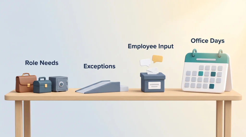 Steps to a Fair Office Policy Fair hybrid work policy steps on a table: role needs, an access ramp for exceptions, an employee input box and a calendar of office days