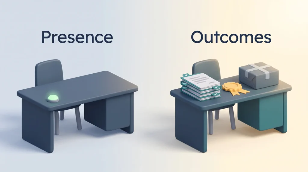 Measuring Outcomes Instead of Presence Empty desk with a check-in light for presence next to a desk with finished folders, a quality rosette and a parcel showing hybrid work outcomes