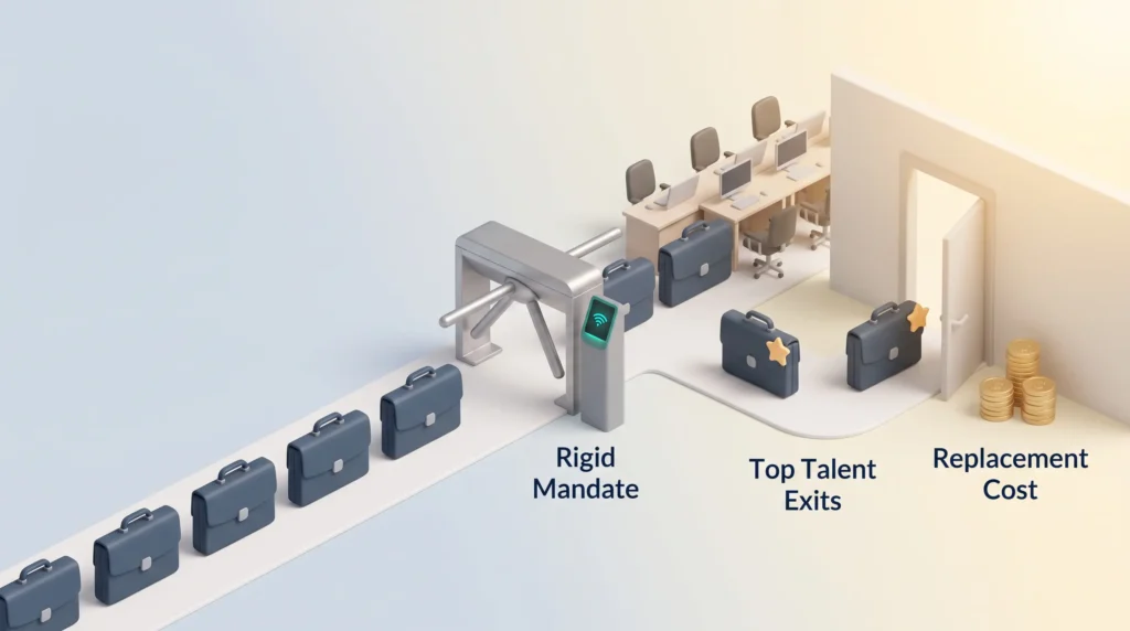 Rigid Mandate and Top Talent Exits Briefcases pass a badge turnstile under a rigid office attendance policy while star tagged top talent exits beside a stack of replacement cost coins