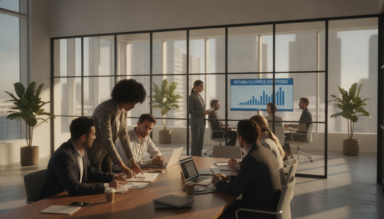 Team meeting at a conference table as a wall screen shows a return-to-office strategies bar chart