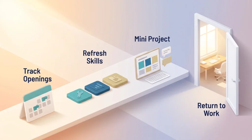 Returnship Learning Plan Path Career reentry plan from tracking openings and refreshing skills to a mini project with check-ins, leading through an open door back to work.
