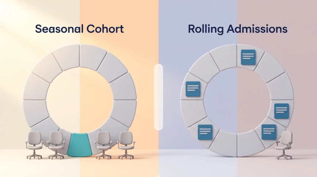 Seasonal Cohort vs Rolling Admissions Comparison of a seasonal cohort with one application window per year and rolling admissions with open roles posted throughout the year.