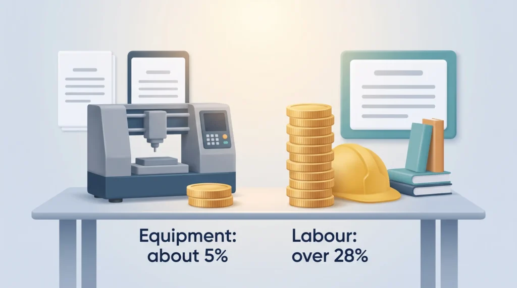 Capital Labour Tax Bias Capital labour tax bias shown as a short coin stack for equipment at about 5% and a tall coin stack for labour at over 28%.