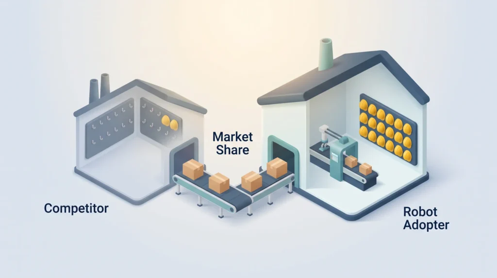 Robot Adopters Win Market Share Market share moves on a conveyor from a shrinking competitor with empty hard hat hooks to a robot adopter with a full rack of hard hats.
