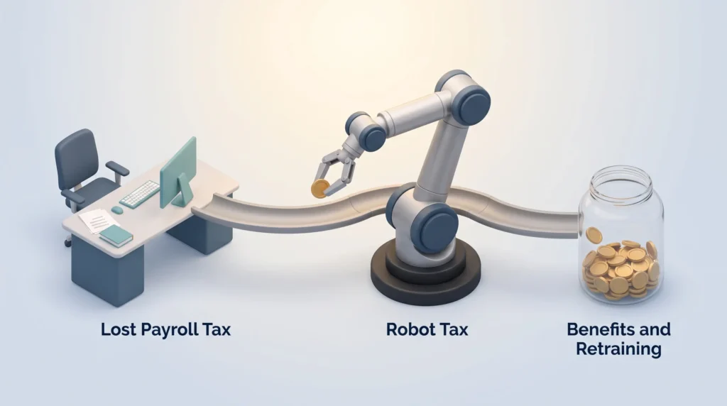 Robot Tax Replacing Lost Payroll Tax Robot tax debate explained: a robotic arm feeds coins toward a fund for benefits and retraining, replacing payroll tax lost at an empty desk.