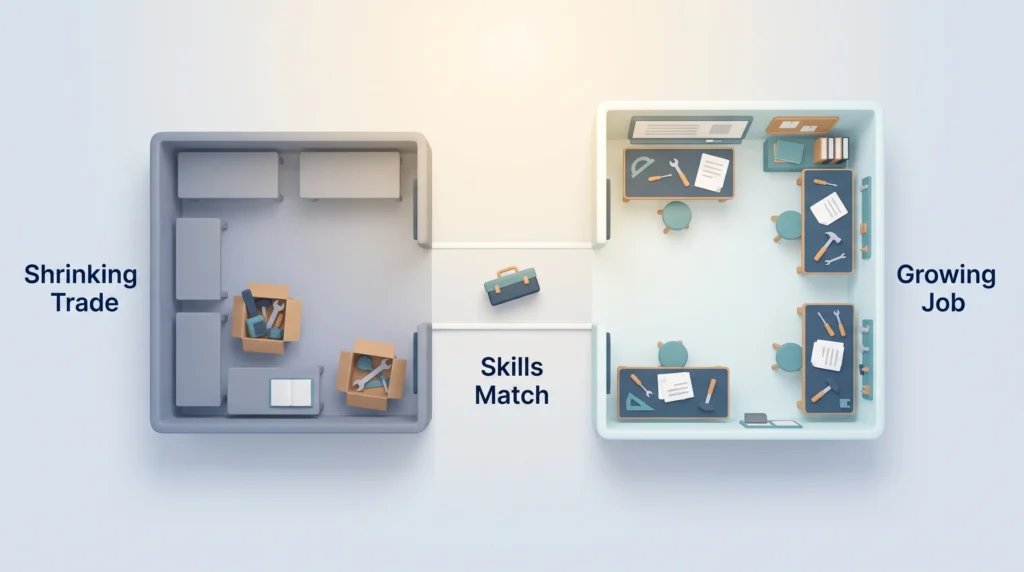 Reskilling Through Skills Match Reskilling path where a toolbox moves along a short walkway from a shrinking trade workshop to a nearby growing job with similar tools.