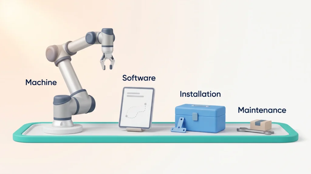 Robotics as a service bundle: a collaborative robot arm, planning software, an installation toolbox and maintenance tools on one shared tray.