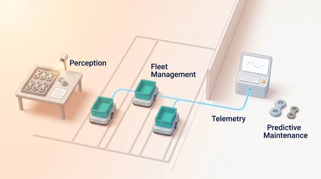 Robotics subscription software layer: perception spots a misplaced part, fleet management runs three robots, and telemetry enables predictive maintenance.