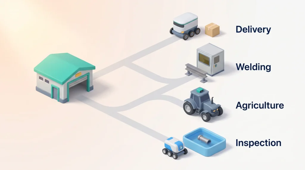 A provider depot renting robots to four sectors: a delivery robot, a welding cell, a retrofitted tractor for agriculture and an inspection robot.