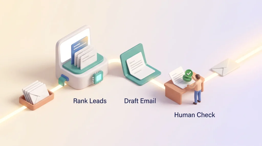 Sales trends workflow where AI in the CRM ranks leads and drafts an email, then a human check approves it before it is sent.