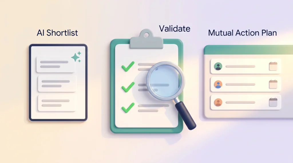 Consultative selling illustration: an AI shortlist is validated on a clipboard with a magnifying glass and turned into a mutual action plan.