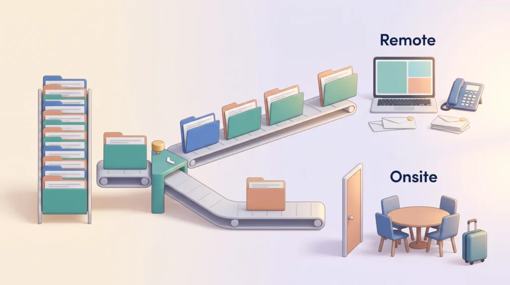 Hybrid selling illustration: most deal folders move to a remote workspace, while only one goes to an onsite meeting room.