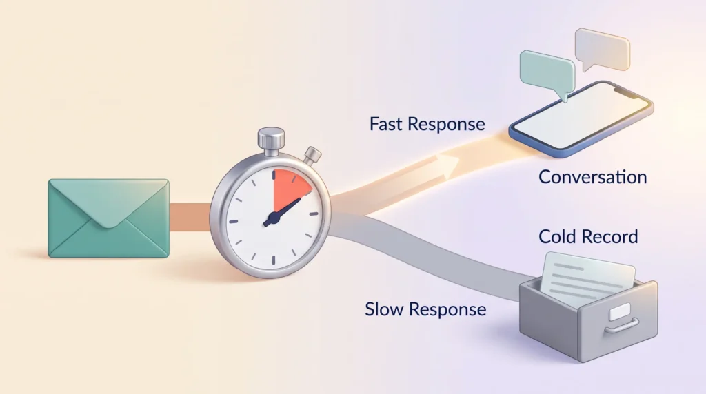Speed to lead illustration: a stopwatch splits an inbound lead into a fast response that becomes a conversation or a slow one that ends as a cold record.