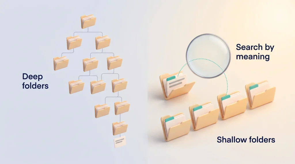 Deep Folders vs Shallow Folders Second brain framework comparison: a deep folder tree with a bare note versus shallow folders that a lens links by meaning.