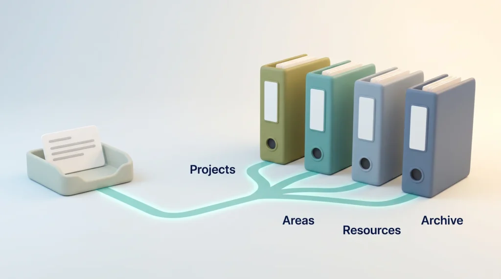PARA Method Note Filing PARA method filing: a new note in an inbox tray is routed along one path that splits to Projects, Areas, Resources and Archive binders.
