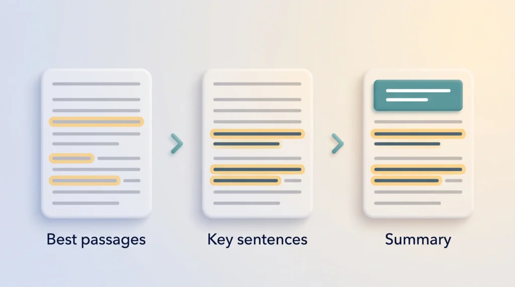 Progressive Summarization Note Layers Progressive summarization in three layers: a note with highlighted best passages, then bolded key sentences, then a short summary on top.