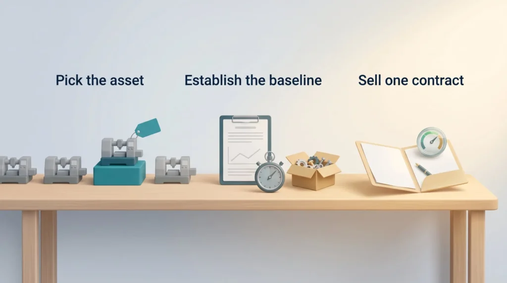Three stations on a workbench: pick the asset, establish the baseline with a stopwatch and parts, then sell one service contract for recurring revenue.