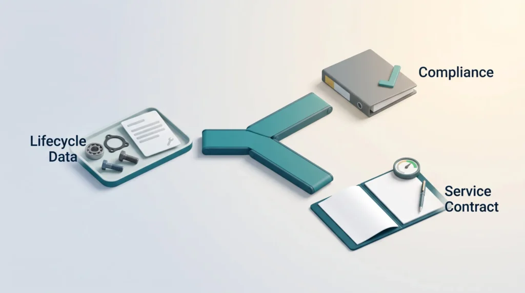 Servitization trend: a tray of spare parts and repair data feeds a split conveyor leading to a compliance binder and a service contract.