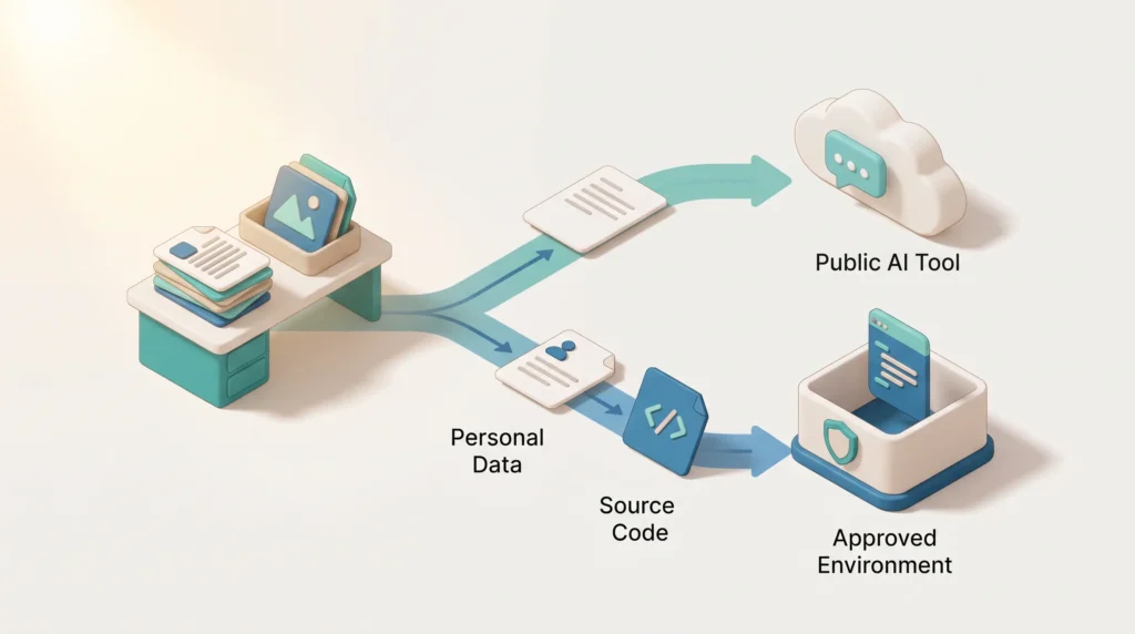 Routing Sensitive Data Away From AI Tools Personal data and source code are routed to an approved environment while only everyday text goes to a public AI tool, a core generative AI security rule.