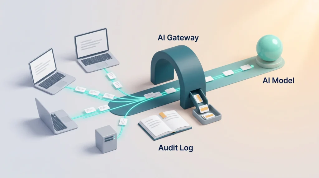 AI Gateway With Audit Log An AI gateway logs every prompt in an audit log and strips sensitive fields before traffic from laptops and servers reaches the AI model.