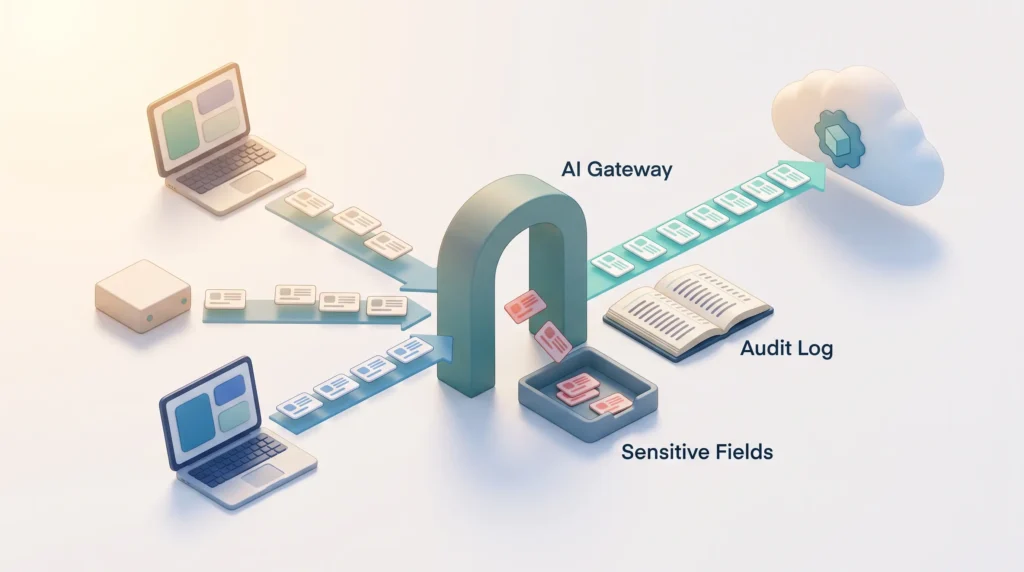 AI Gateway Controls for Model Traffic An AI gateway records every prompt in an audit log and strips sensitive fields before traffic from laptops and services reaches the AI model.