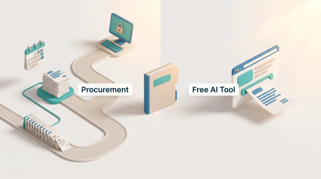 Shadow AI Procurement vs Free AI Tools Shadow AI explained: a slow procurement path with forms and a locked assistant next to a free AI tool that delivers the result instantly.