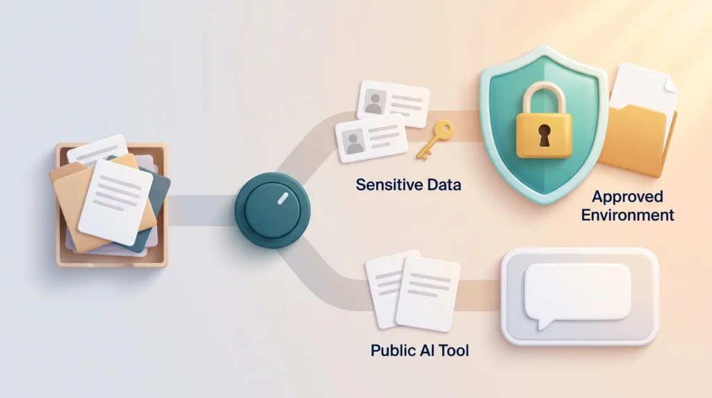 Routing Sensitive Data Away From AI Tools Sensitive data such as customer records and keys goes to an approved environment, while everyday text goes to a public AI tool, a generative AI security rule.