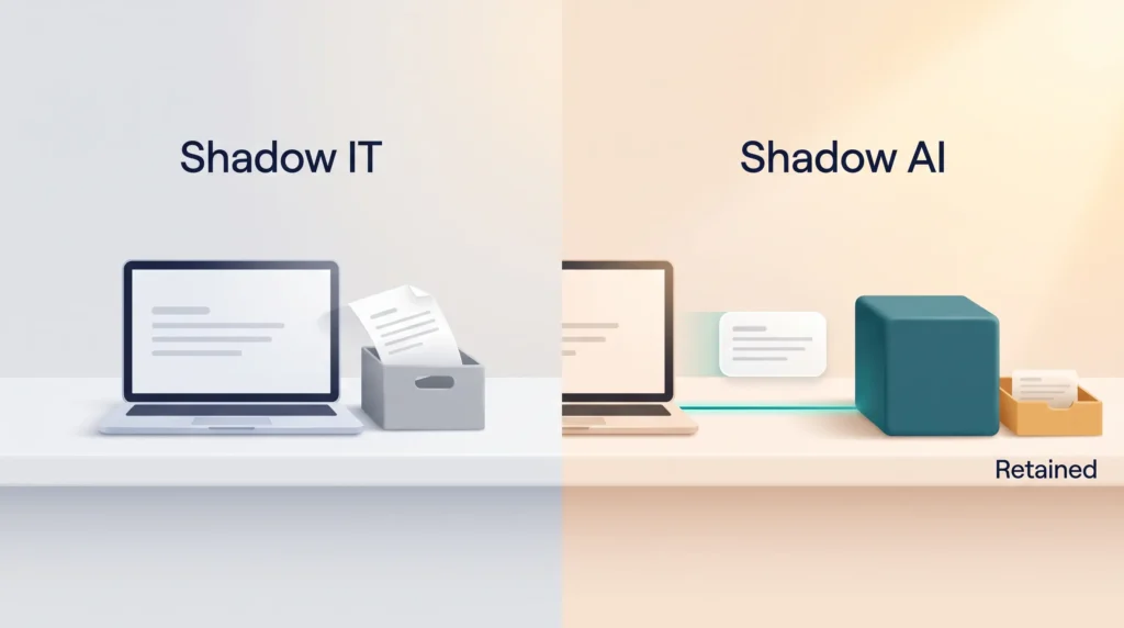 Shadow IT vs Shadow AI Data Flow Shadow AI compared with shadow IT: a file stays in a local box, while a prompt travels to a sealed AI model that keeps a retained copy.