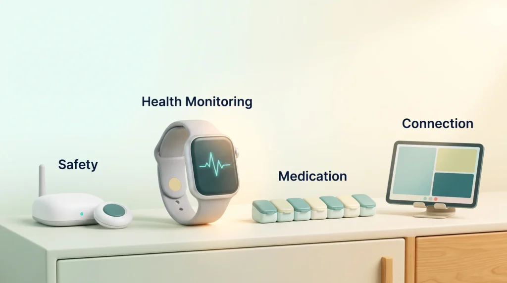Agetech Devices for Aging in Place Agetech for aging in place: a safety hub with call button, a health monitoring watch, a pill organizer and a tablet for connection