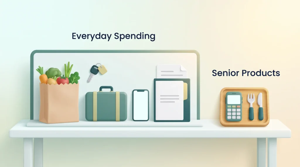 Silver Economy Everyday Spending vs Senior Products Silver economy spending compared: a wide table of everyday purchases next to a small tray of senior products for older consumers