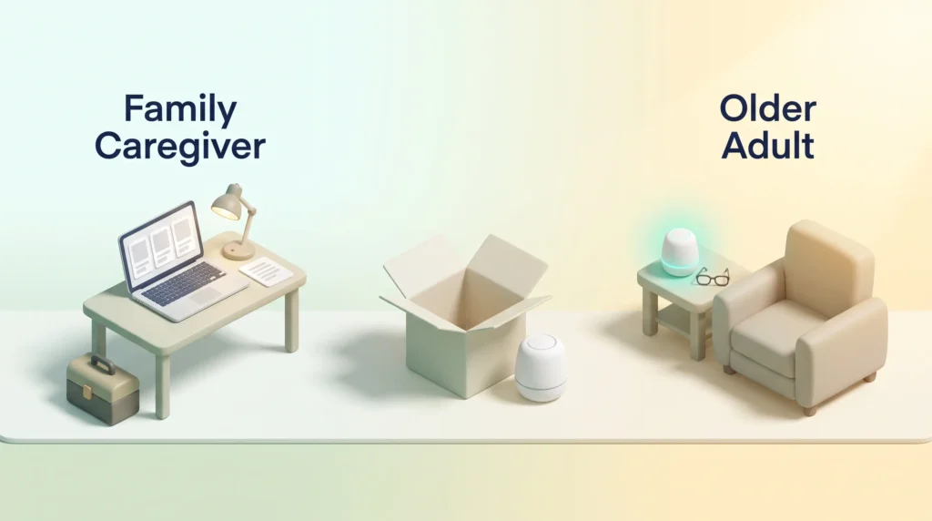 Family Caregiver as the Second Buyer Family caregiver compares options and sets up a home device on the left, the older adult uses it beside an armchair on the right