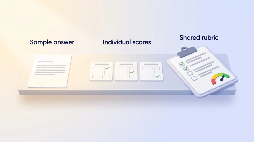 Calibration for structured interviews: one sample answer, three score cards ticked differently and a shared rubric clipboard with a gauge