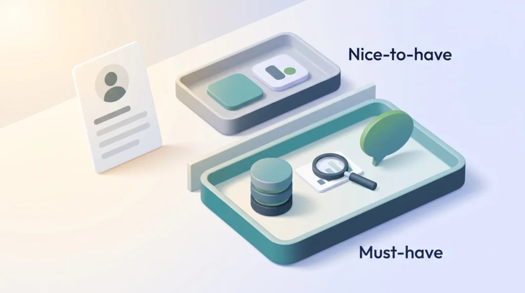 Skills-based hiring sorts one role profile into a must-have tray with SQL, data analysis and communication, and a nice-to-have tray with tools