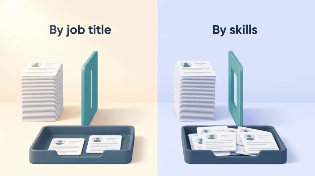 Identical stacks of candidate cards pass a narrow job title filter into a tray with two cards and a wide skills filter into a far fuller tray