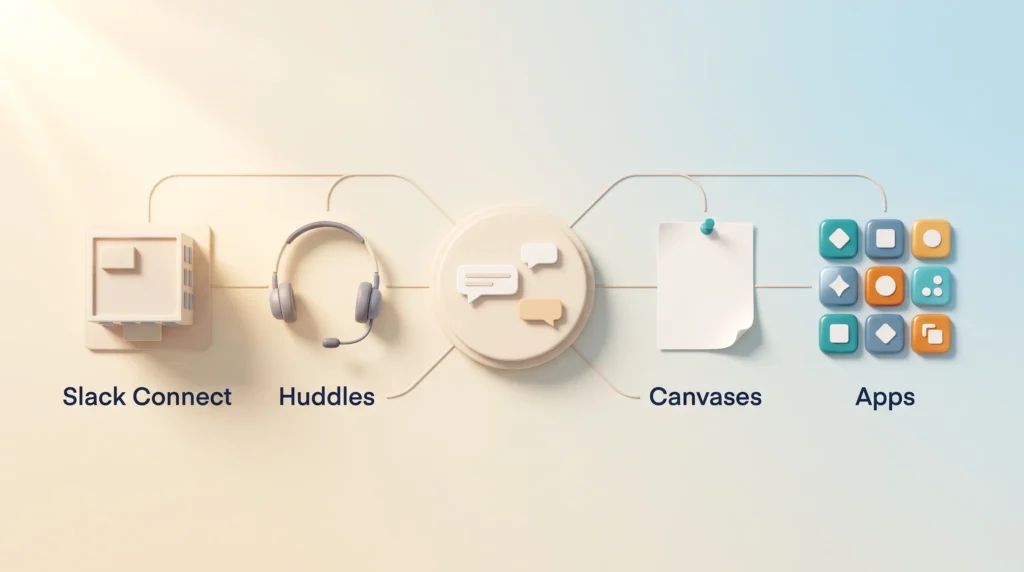 Slack Collaboration Tool Features Hub Slack integrations hub: a central channel connected to Slack Connect partners, Huddles, Canvases and a cluster of marketplace Apps.