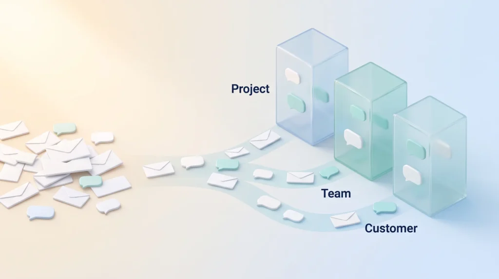 Slack Channels Routing Project Team and Customer Messages Slack review illustration: scattered emails and messages flow into three glass channels labeled Project, Team and Customer.