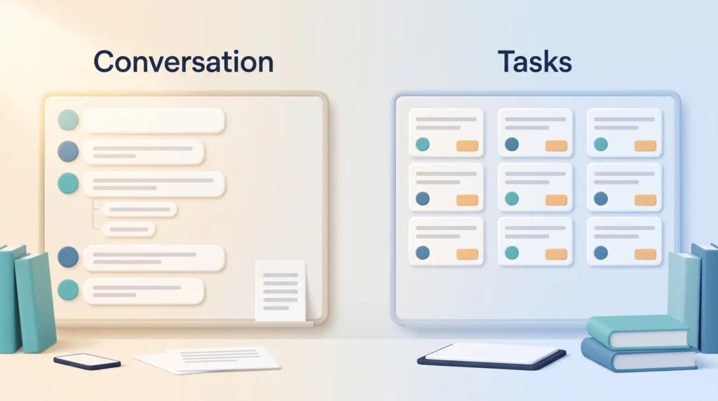 Slack Conversation Versus Project Tool Tasks Slack collaboration tool compared with project tools: a threaded Conversation board beside a Tasks board with owners and due dates.