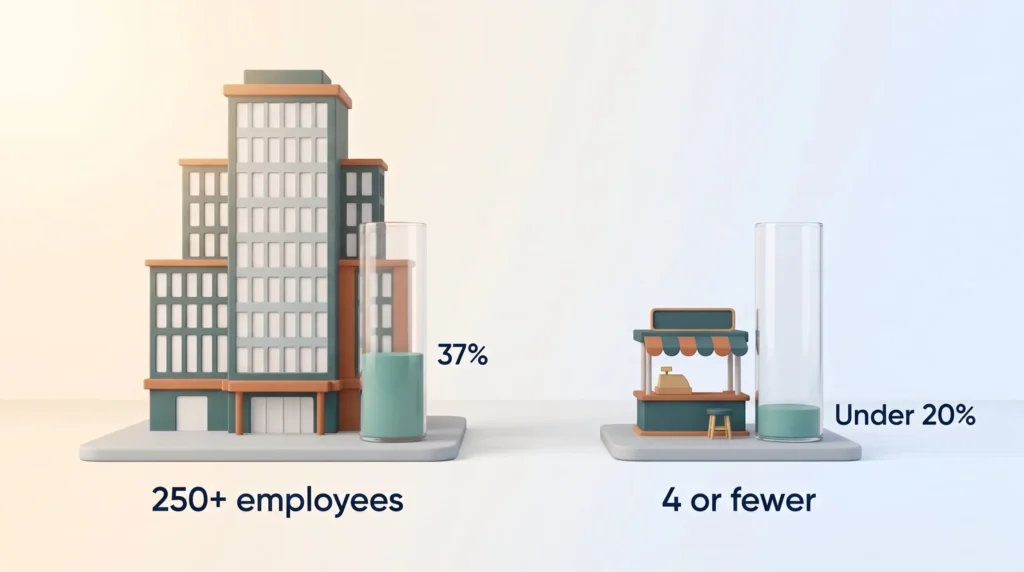Small Business AI Adoption Gap Small business AI adoption gap: fill gauges show 37% for firms with 250+ employees and under 20% for firms with 4 or fewer.