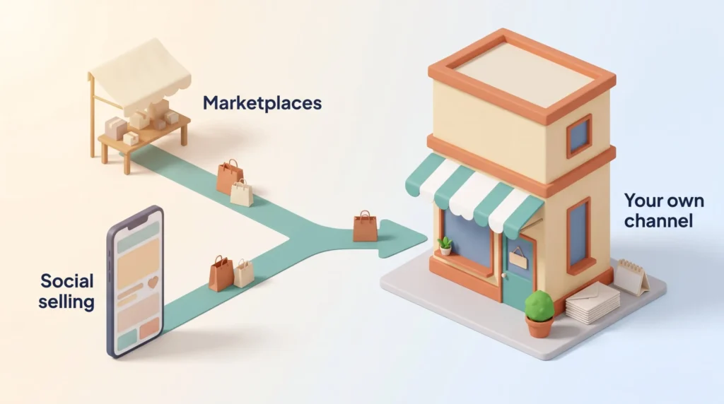 From Marketplaces to Your Own Channel Small business trends illustration: shopping bags travel from a marketplace stall and a social selling phone into the shop, your own channel.