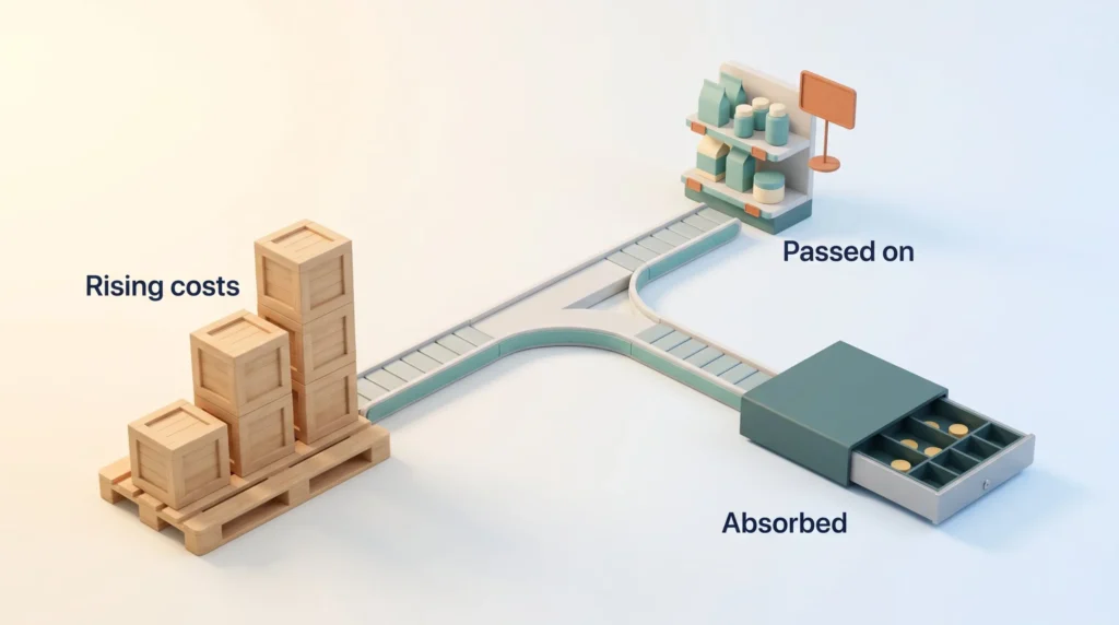 Rising Costs Passed On or Absorbed Rising costs on a pallet split two ways: passed on to customers through shop prices or absorbed by the business from its cash drawer.