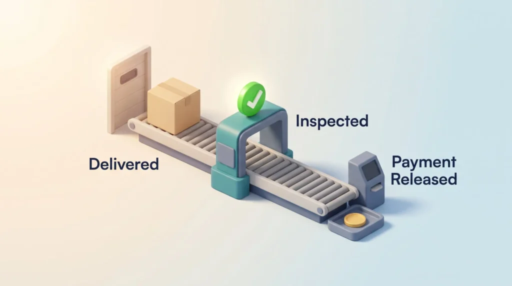 Smart Contract Payment Release Smart contracts in logistics: a delivered crate passes an inspection station with a green check, then payment is released as a coin