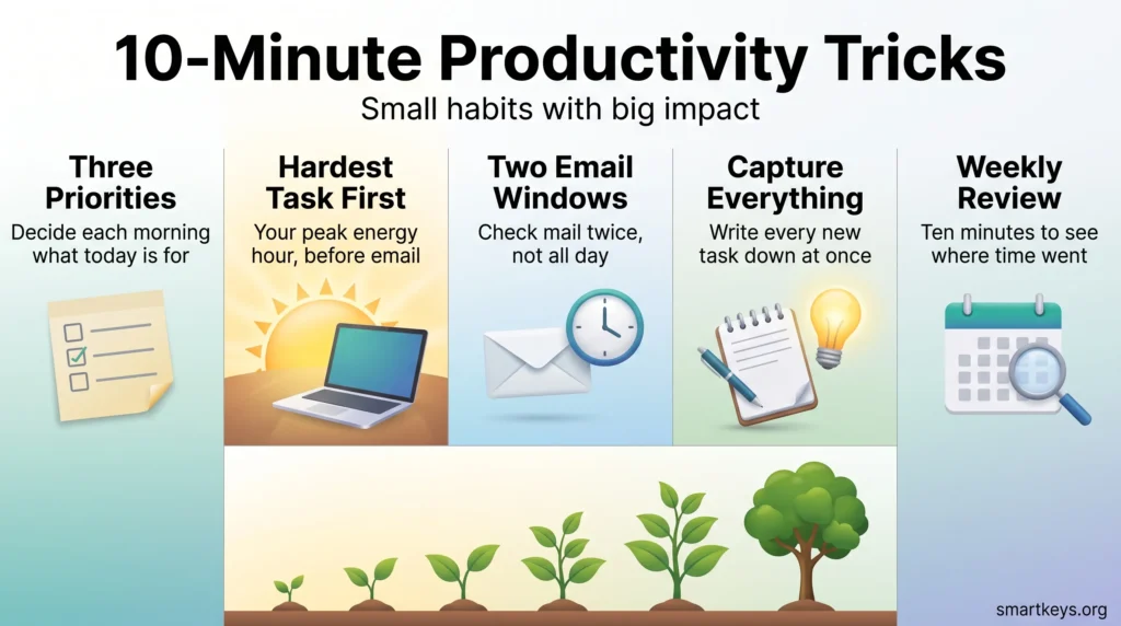 Infographic of 10-minute productivity tricks: three daily priorities, hardest task first, two email windows, instant capture and a short weekly review.