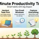 Infographic of 10-minute productivity tricks: three daily priorities, hardest task first, two email windows, instant capture and a short weekly review.